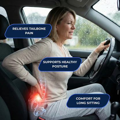 Woman in car experiencing tailbone pain with text highlighting product benefits