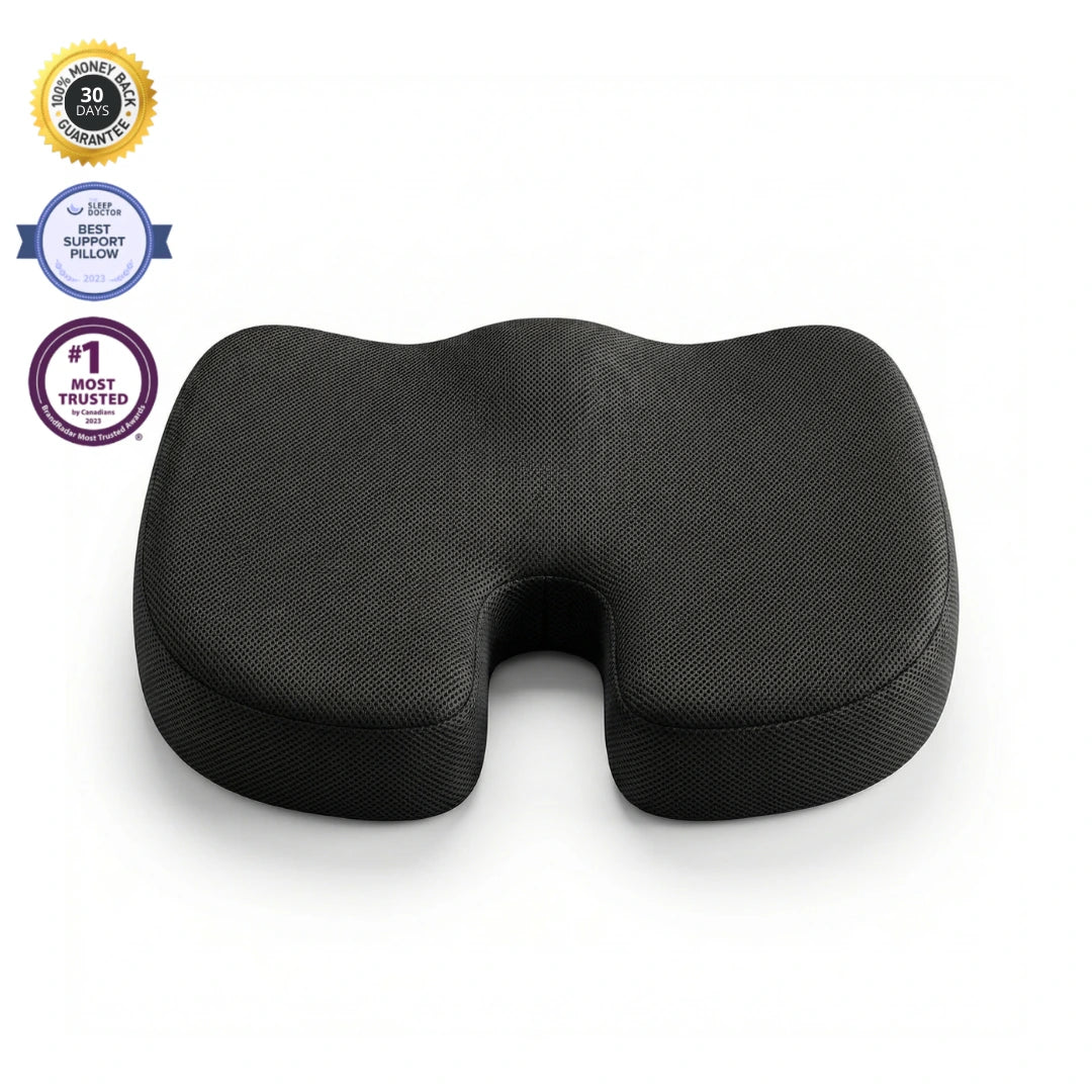 Black memory foam pillow with certification badges on a white background