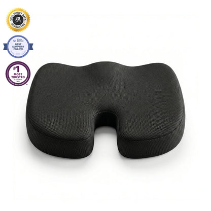 Black memory foam pillow with certification badges on a white background