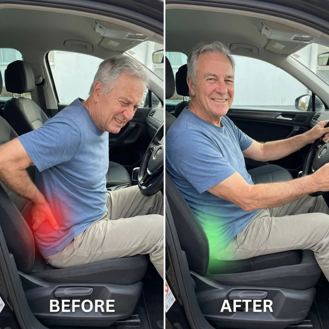 Before and after comparison of a man sitting in a car with back pain.