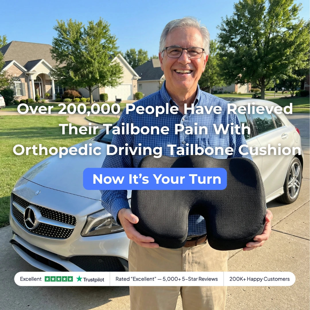 Man holding an orthopedic driving tailbone cushion with text about relief from tailbone pain.